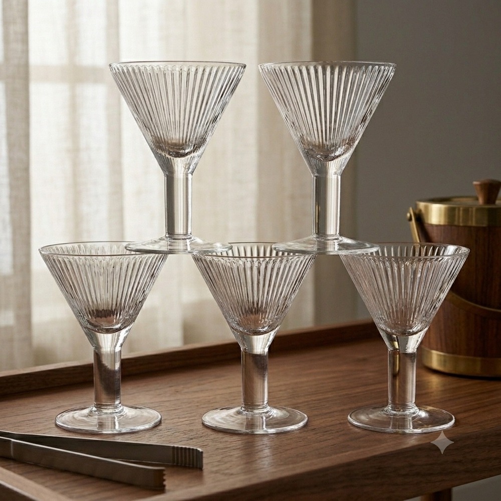 Crate‎ & Barrel Ribbed Martini Glasses Set of 5 Clear Fluted Cocktail Glasses